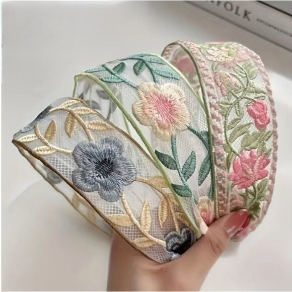 NEW Lot of 3 Romantic Pastel Floral Embroidered Ribbon Headbands